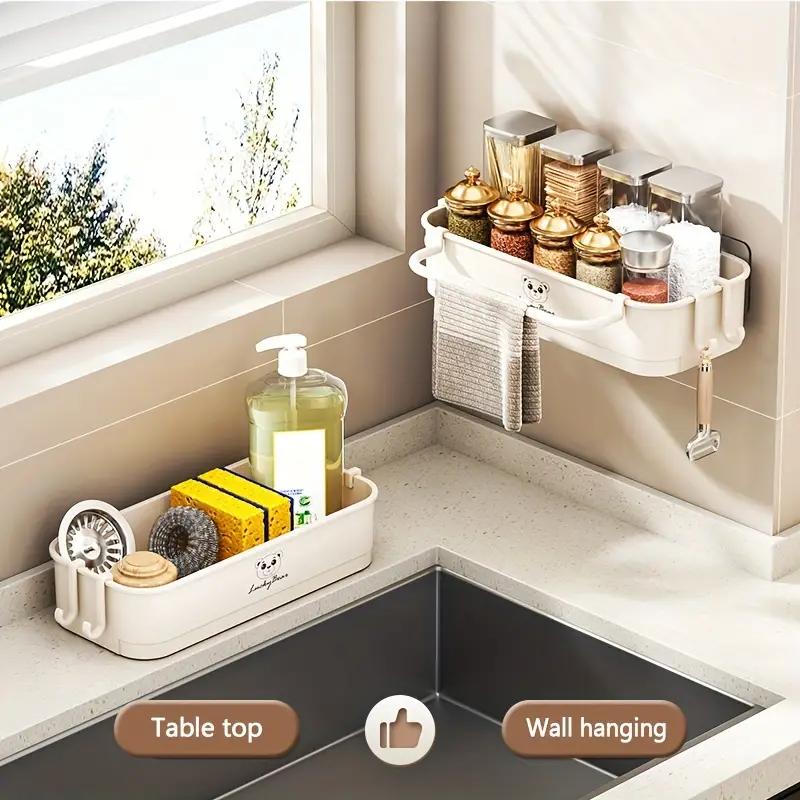 Wall Mount PP Plastic Kitchen Sink Drain Rack No Drill Sponge Soap Holder Slide Out Drip Tray Towel Hook Bathroom Organizer