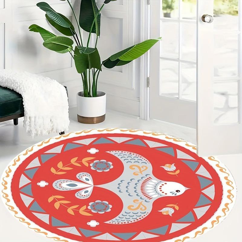 Round Area Rug Red and Blue Bird Mandala Pattern Soft Flannel Carpet for Nursery Kids Room Floor Decor NonSlipWashableDecoration