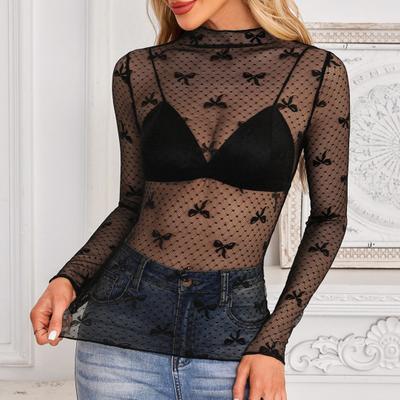 Yousheng Mulheres Tops Inferiores Gola Média Alta Manga Comprida Renda Perspectiva Tops Bordado Laço Estampa Blusa Uso Diário