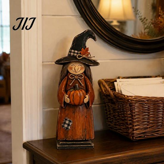 Vintage Style Witch Party Supplies Wooden Figurine, Halloween Statues with Hand Painted Figurine Sets Broom Pumpkin Black Cat, Fall Farmhouse Tabletop