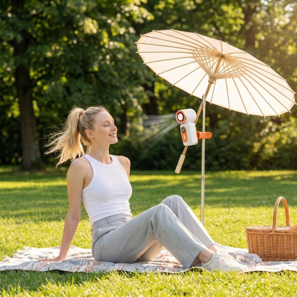 Portable Clip On Fan with 180 Degree Rotatable Head Personal Mini Air Conditioner USB Rechargeable Cooling Device for Outdoor and Umbrella Use