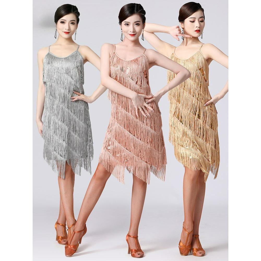 Latin Dance Sequined Tassel Skirt Latin Dance Skirt V-neck Party Dance Dance Skirt Performance Costume Stage
