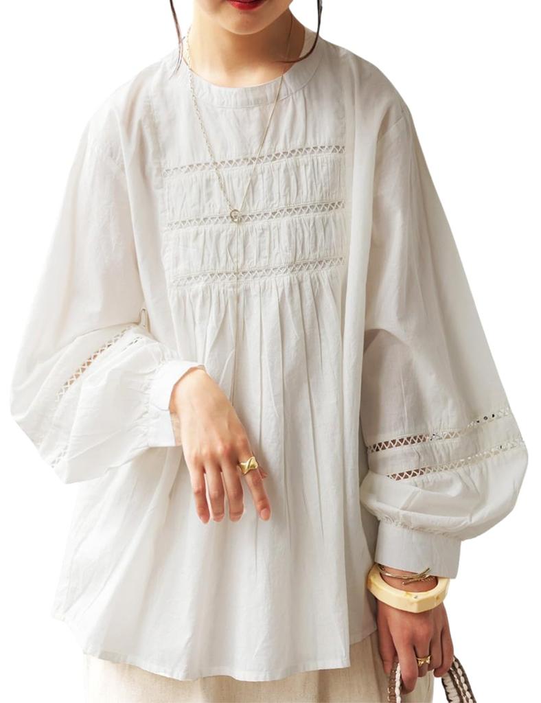 Antiqua Indian Cotton Round Long One Size White Women's Blouse, Neck, Sleeve, IYA-00074, 03,