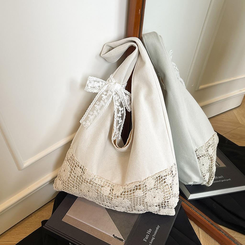 Large Capacity Shoulder Bag High-Quality Lace Splicing Handbag Canvas Tote Bag Fresh Cotton Tote Bag For Short Trip Shopping