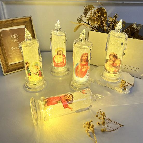 1/6Pcs LED Flameless Prayer Candles Flickering Fake Candle Jesus Devotional Prayer Candle Light Religious Tea Lights Decoration