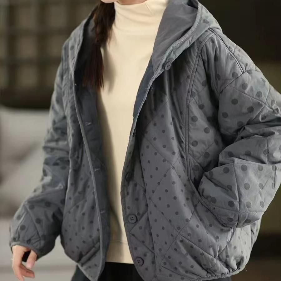 Johnature Women Vintage Hooded Button Parkas Warm Polka Dot 2025 Winter New Loose Casual Soft Female Pockets Thick Parkas