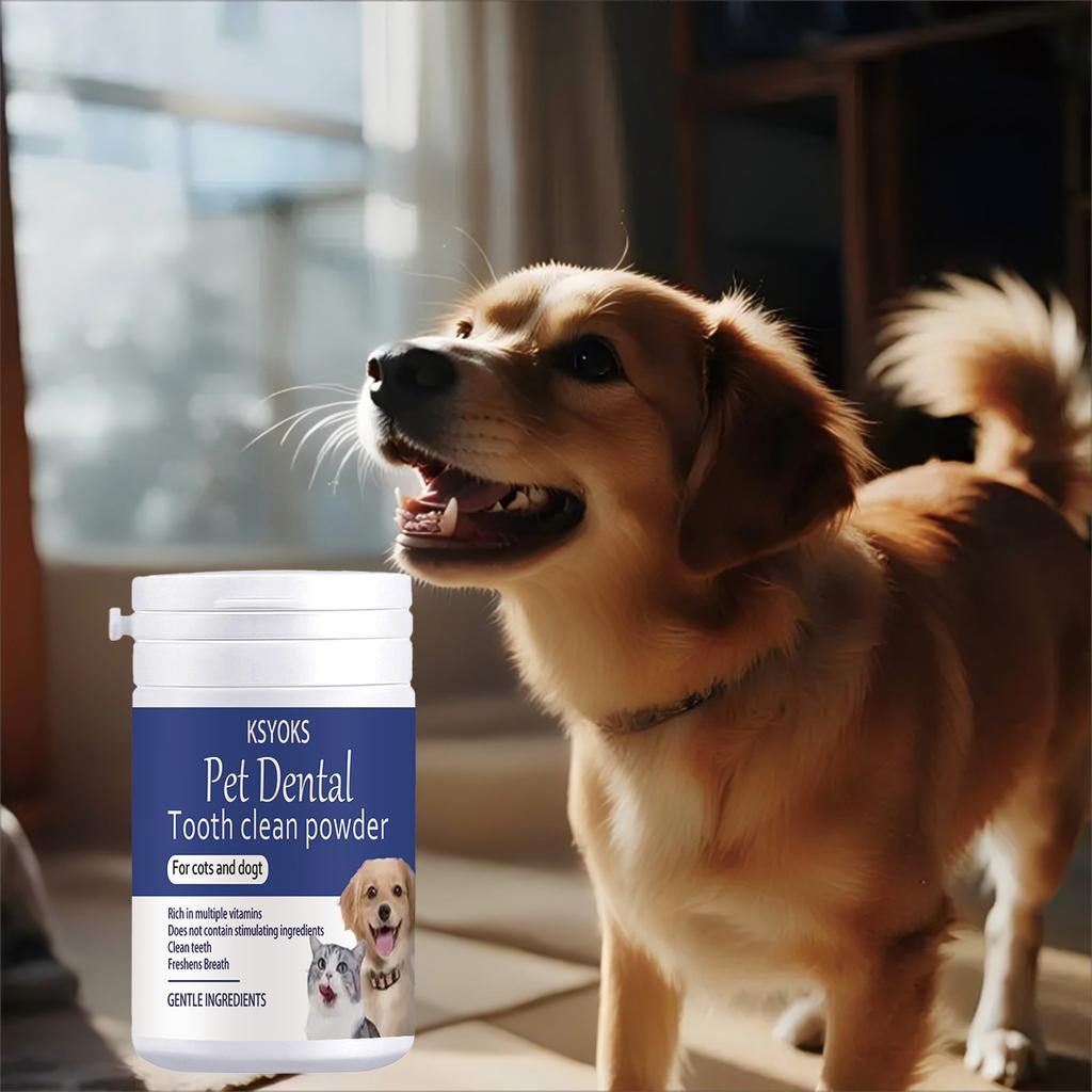 Pet tooth powder cleans teeth while refreshing breath, making interaction with furry children closer
