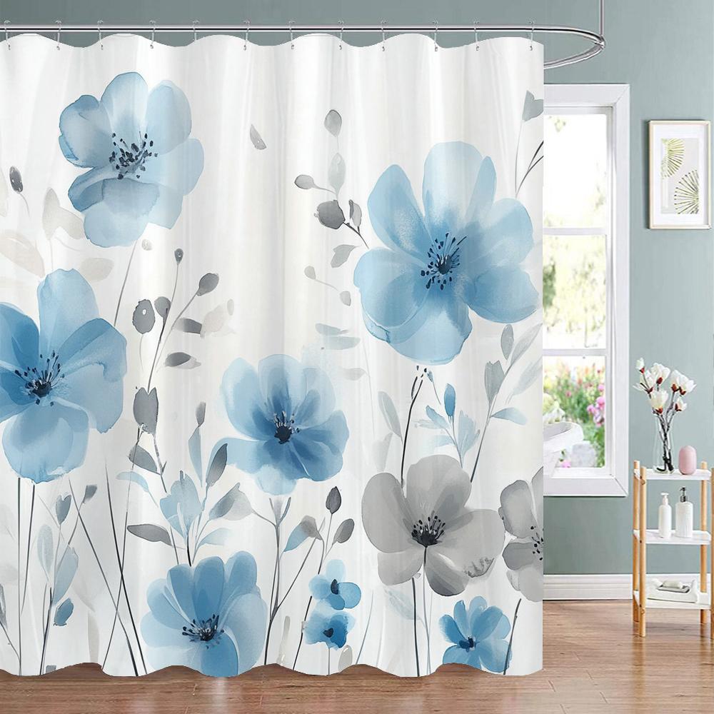 Beautiful and Elegant blue Flowers Pattern Shower Curtain,  Bathroom Decorative Shower Curtain,Home Curtain with Hooks