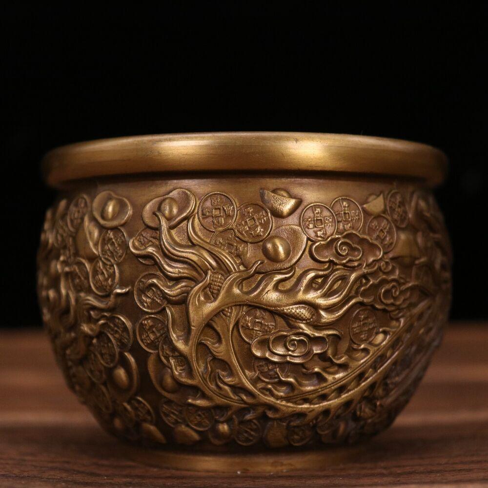 3.7" Collection China Bronze Animal Dragon Phoenix Yuanbao Money Treasure Bowl Statue