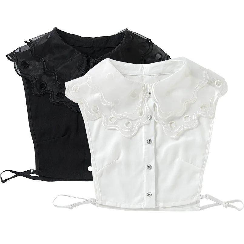 Women's Big Lapel Fake Collar Lace White Chiffon False Collar Ladies Lapel Shirt Blouse Detachable Collar for Sweater Decorative