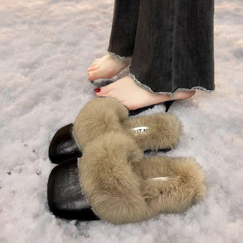 Women's Flat Slippers Autumn Winter Fashion Outdoor Warm Non Slip Plush Shoes Lightweight Comfortable Casual Half Slippers