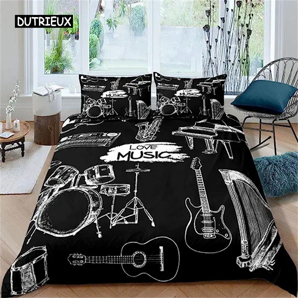 3D Rock Music Themed Guitar Colorful Duvet Cover Fire and Water Bedding Set Modern Gorgeous Microfiber Polyester for Boy Gifts