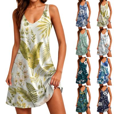 Women's Sleeveless V Neck Casual Dress Hawaiian Vacation Print Relaxed Fit Dress with Pockets Summer Beachwear