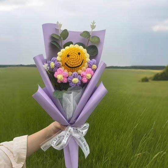 Crochet Flower Bouquet Handmade Knitted Positive Sunflower Artificial Yarn Flower Bouquet Gift for Mother's Day Valentine's Day Anniversary