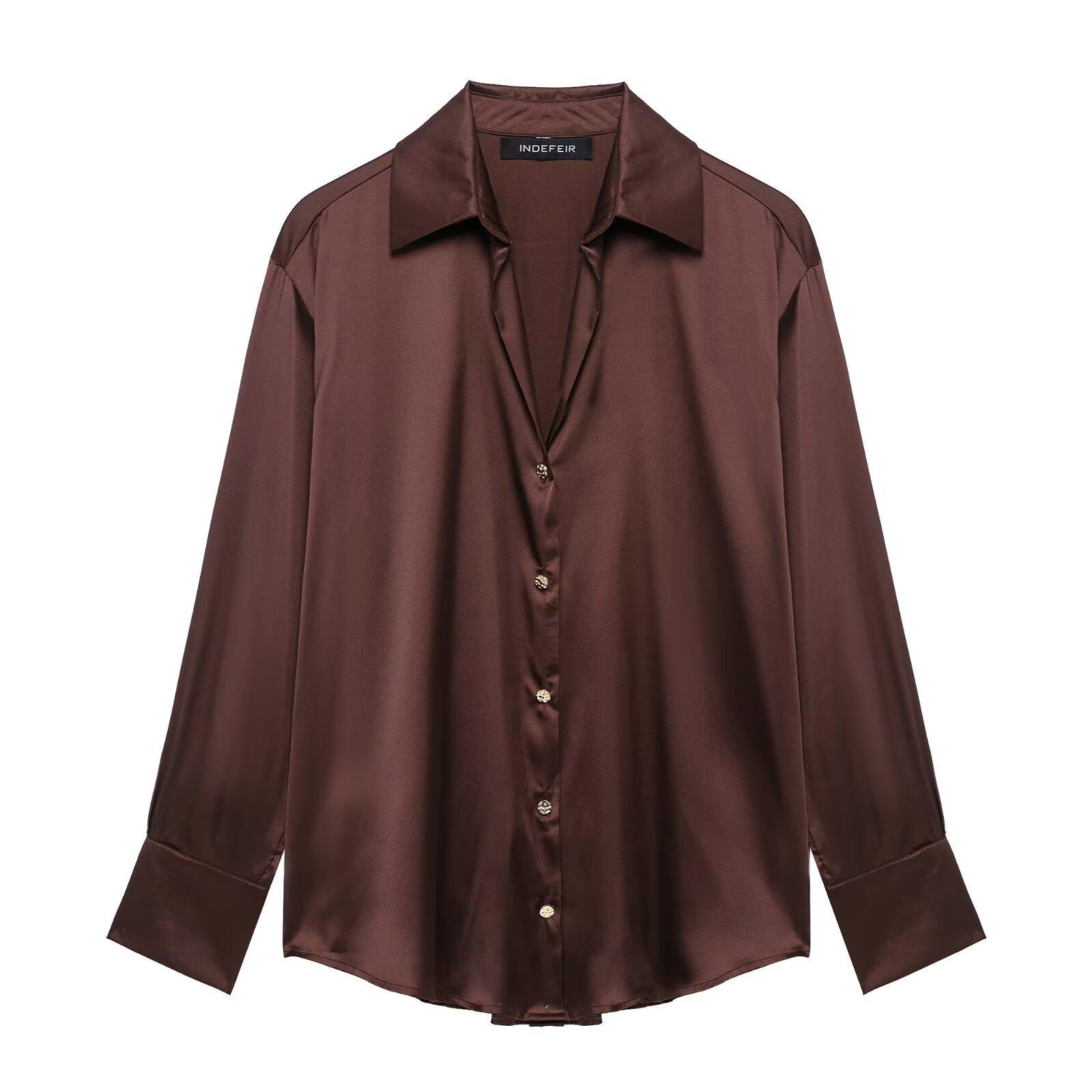 

2025 Spring New Loose Fashion Solid Color Collar Long Sleeve Silk Texture Shirt XS