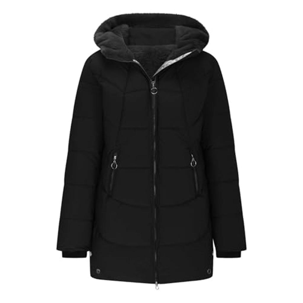 Women's Down Jackets Fleece Lined Winter Coat Double Zipper Hooded Jacket Warm Thick Overcoat
