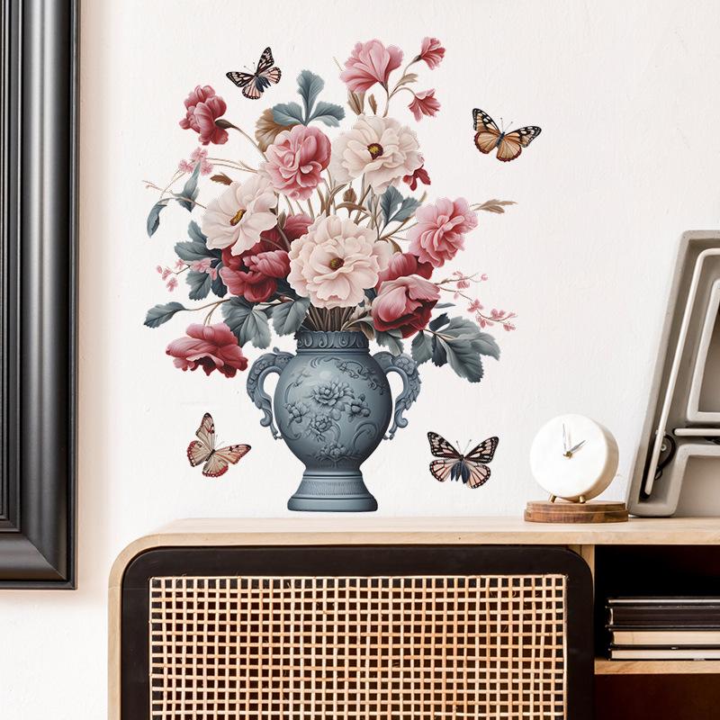 Målade Blommor Fjäril Vintage Vas Vardagsrum Veranda Hemdekoration Väggdekaler