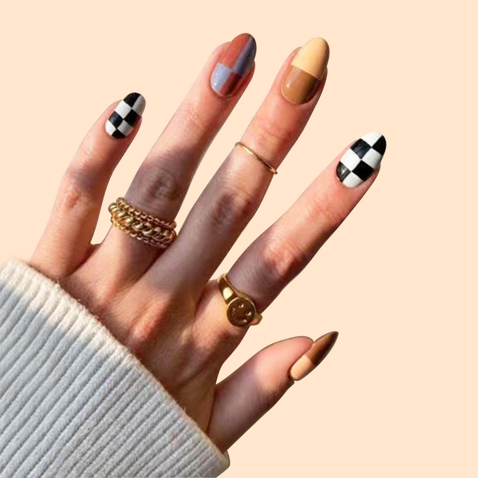 

Ins Fashion New Style Detachable Fake Nails Short Warm Color Checkerboard Wearable Nails