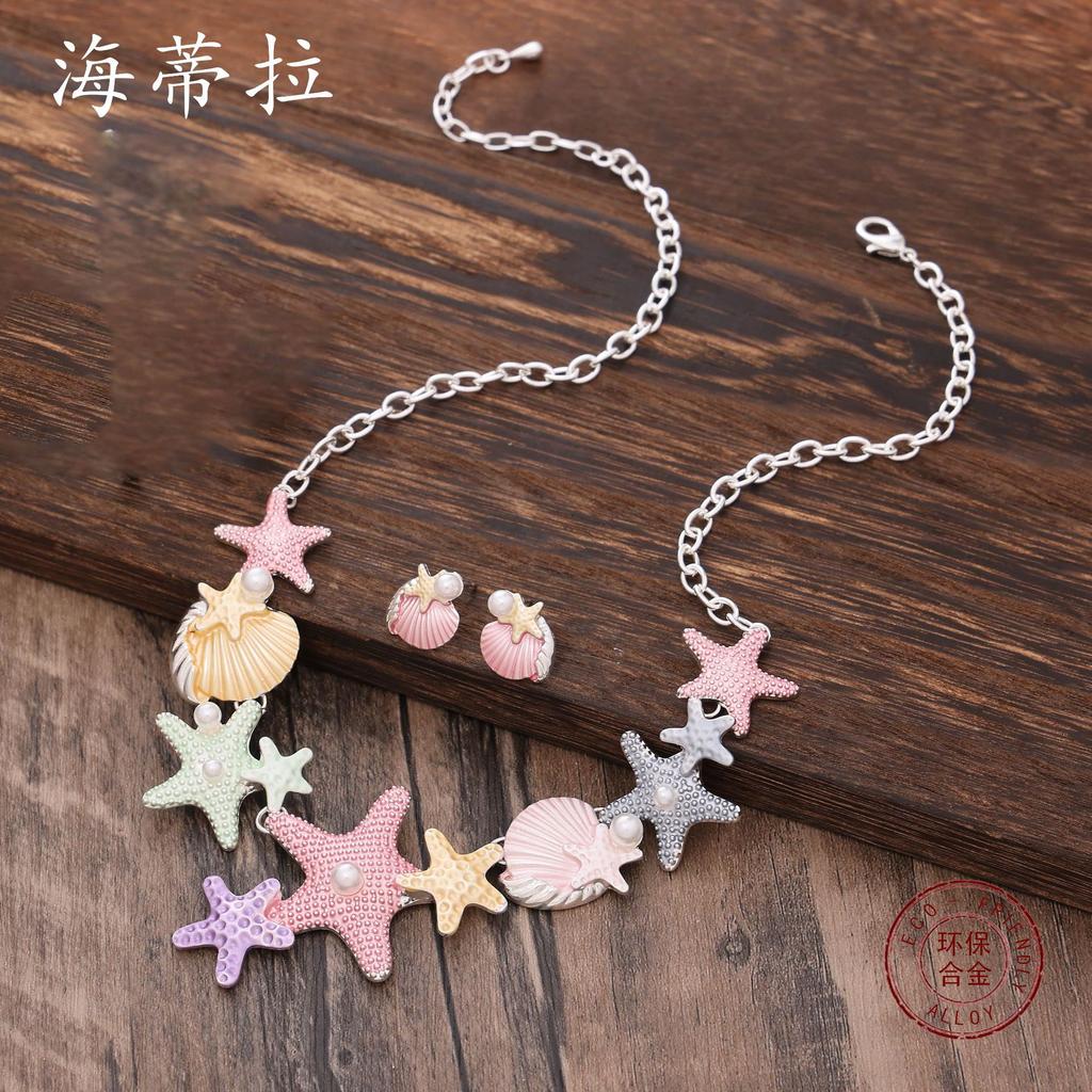 Peinture couleur huile mignon collier étoile de mer ensemble boucles d'oreilles clous, petit collier étoile de mer polyvalent pour femmes