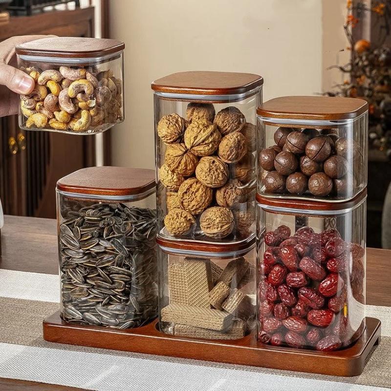 Quality Glass Sealed Canister Kitchen Food Storage Bottles with Walnut wood Lid Jars Grains Tea Leaf Coffee Beans Candy Jar