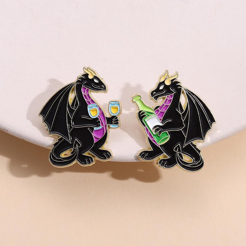 Playful Dinosaur Black Drink Cup Metal Brooch Creative Animal Badge Accessory For Fashion Enthusiasts