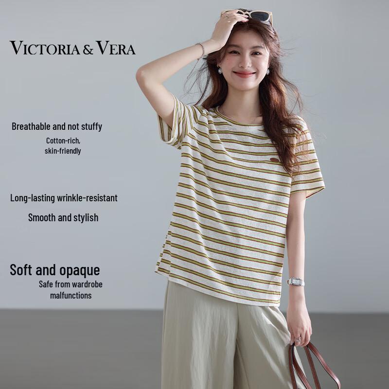 VICTORIA&VERA Women s Striped Cotton Blend Short Sleeve T-Shirt S