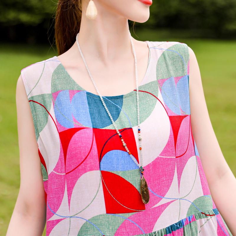 Elegancka sukienka bez rękawów dla kobiet Plus Size z krótkim rękawem, nadrukiem w stylu vintage, długa sukienka, letnia, swobodna, w średnim wieku, odzież damska