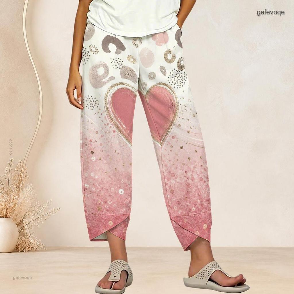 Women Plus Size Cross Hem Long Pants Colorful Sketch Heart Star Graffiti Print Loose Casual Trousers