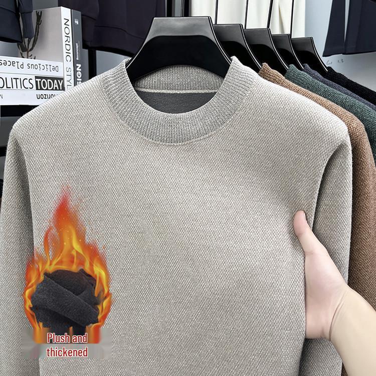 Herren Strickpullover mit Fleecefutter - Faux Nerz Kaschmir, Unifarben, Rundhalsausschnitt, Warme Herbst-/Winter-Herrenbekleidung