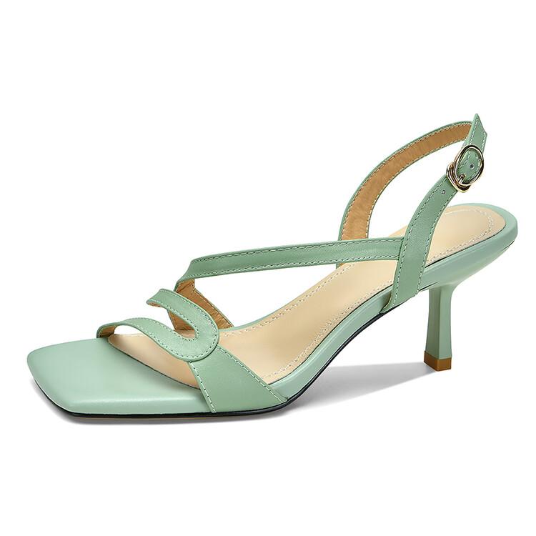 

Fashion New Summer Sandals Genuine Leather Sandals Casual French Square Toe High Heels Sandals for Women Cowhide Sandal Zapatos De Mujer 39 светло-зеленый