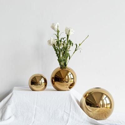 European Gold Electroplated Ceramic Vase Round Home Wedding Decoration Flower Insert Desktop Light Luxury Ornament