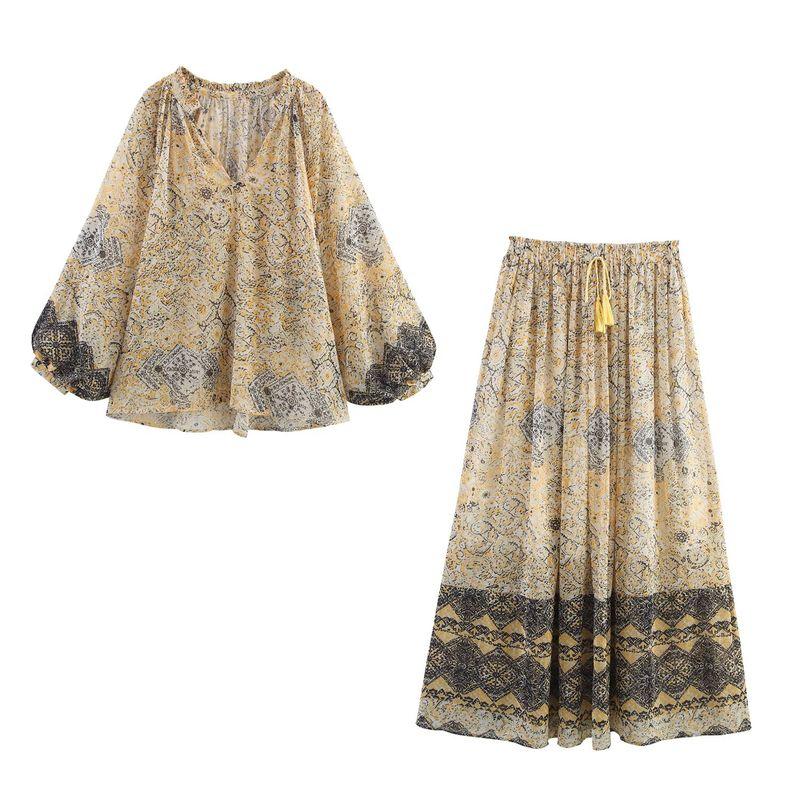 Kaslead New Women Clothes Western Style Metal Color Thread Print Shirts Skirt 1821223 1821221