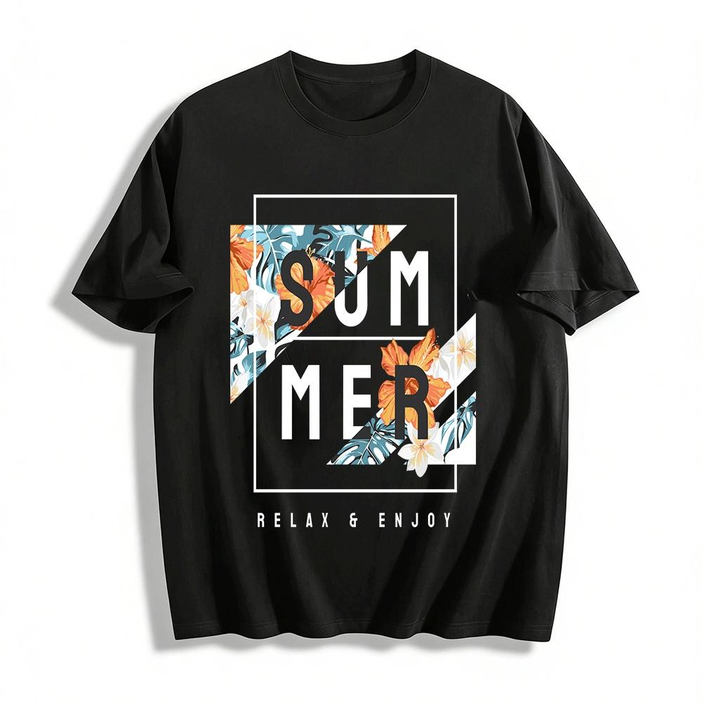 

Tropical Floral Letter Print Casual Short Sleeve T-Shirt Pure cotton T-shirt XXS