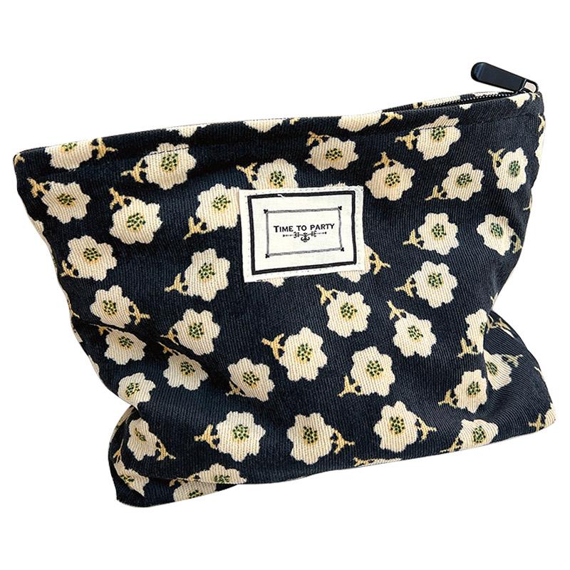 

Portable Makeup Bag Vintage Flower Pattern Corduroy Travel Toiletry Organizer Zipper Pouch Black