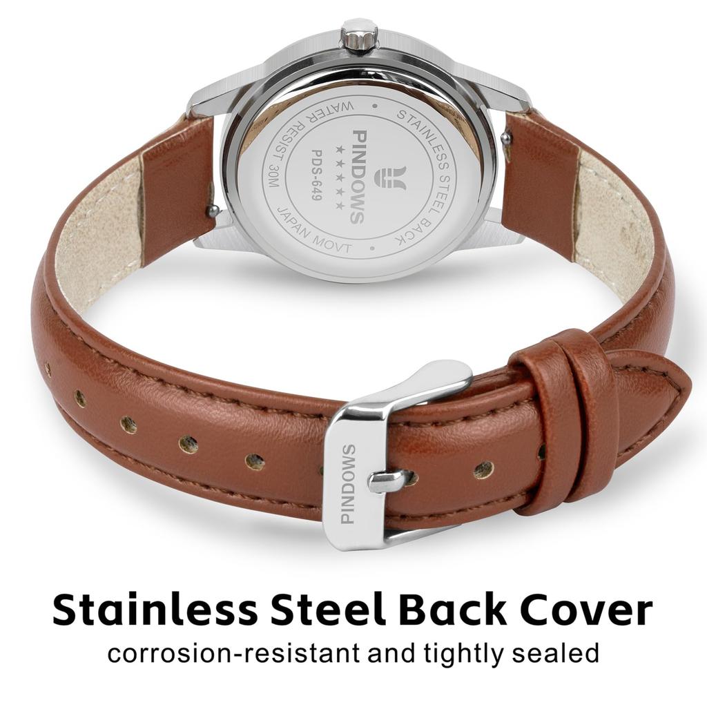 PINDOWS Ladies Classic Business Analog Quartz Watch 3 ATM Waterproof Luminous Dial Dress Watch
