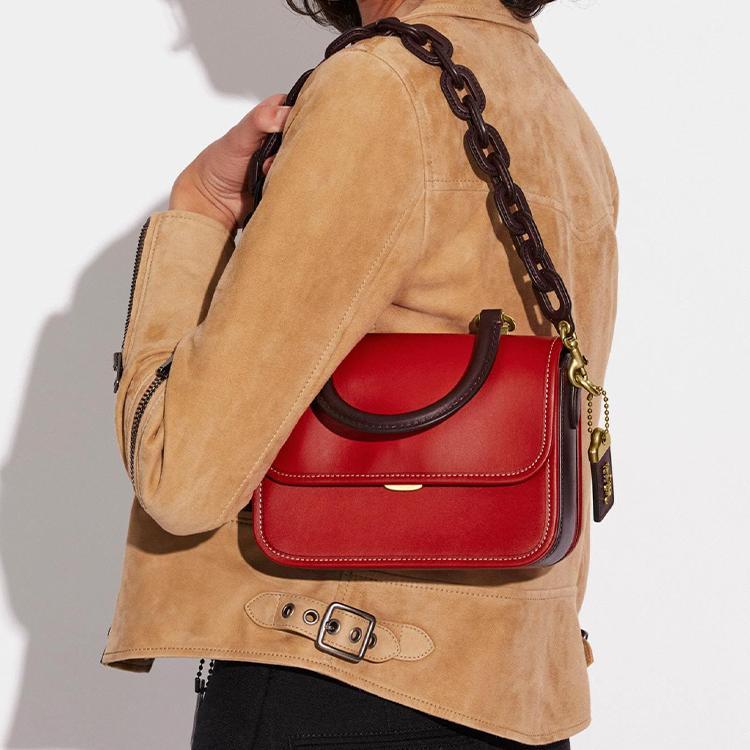 New COACH Rogue Leather Trunk Bag, Small Square Bag, Crossbody Bag, Handbag Small Women's Red/Brown C6341-B4TFN