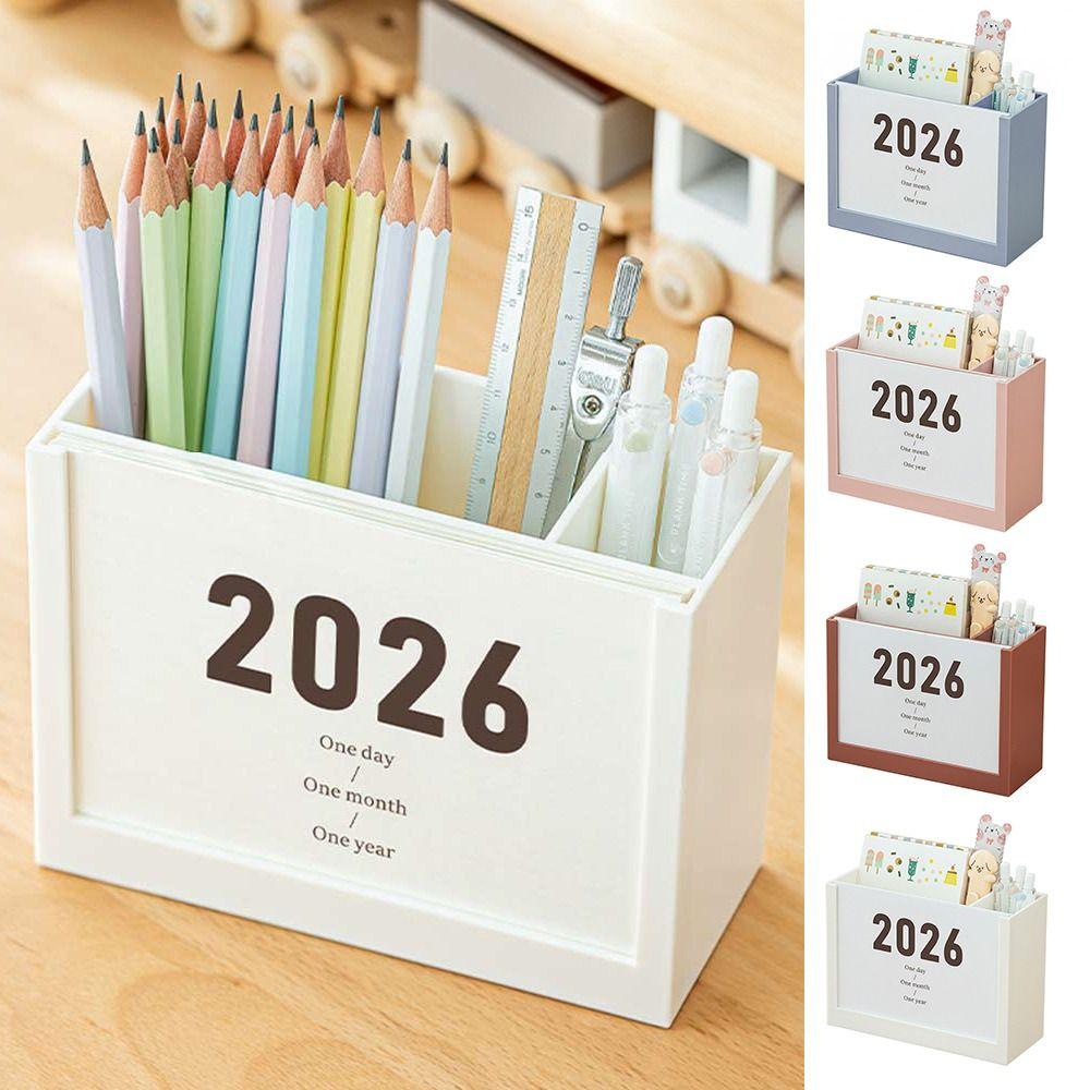 Self-discipline Plan 2026 Desk Calendar Multicolor Plastic Makeup Brush Holder Two Grids Multi-Function Pencil Container Office