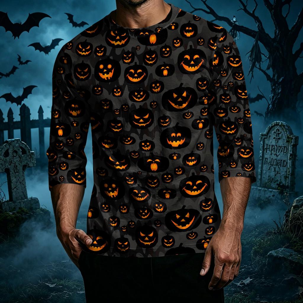 Men's Casual Halloween Pumpkin Print Raglan Sleeve T-Shirt Crew Neck Three Quarter Sleeve Top Lightweight Comfortable Fit