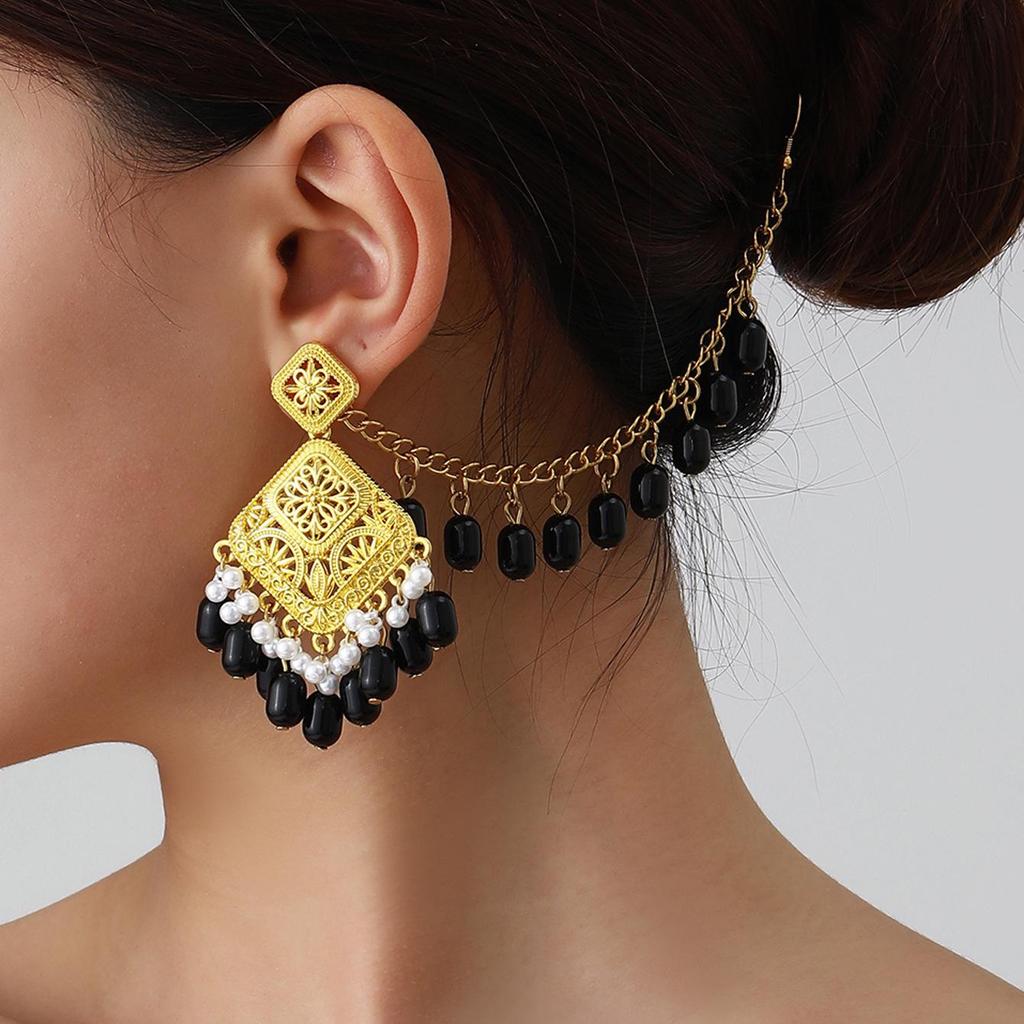 Bohemian Exotic Rhinestone Tassel Necklace & Earrings Set In Antiqued Alloy