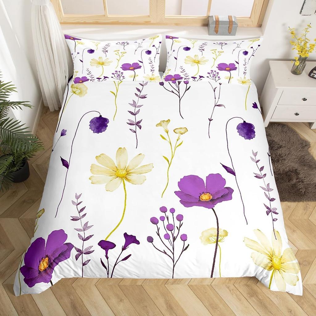 Watercolor Floral Down Duvet Cover Set Queen King Size Simple Pastoral Style Bedding Suitable for Kids Teens Adult Women 3 PCS