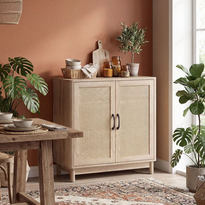 Sideboard - HOMCOM - 2 Rattantüren, verstellbarer Einlegeboden und abgerundete Kanten - Spanplatte - 76 x 35 x 75,5 cm - Eiche