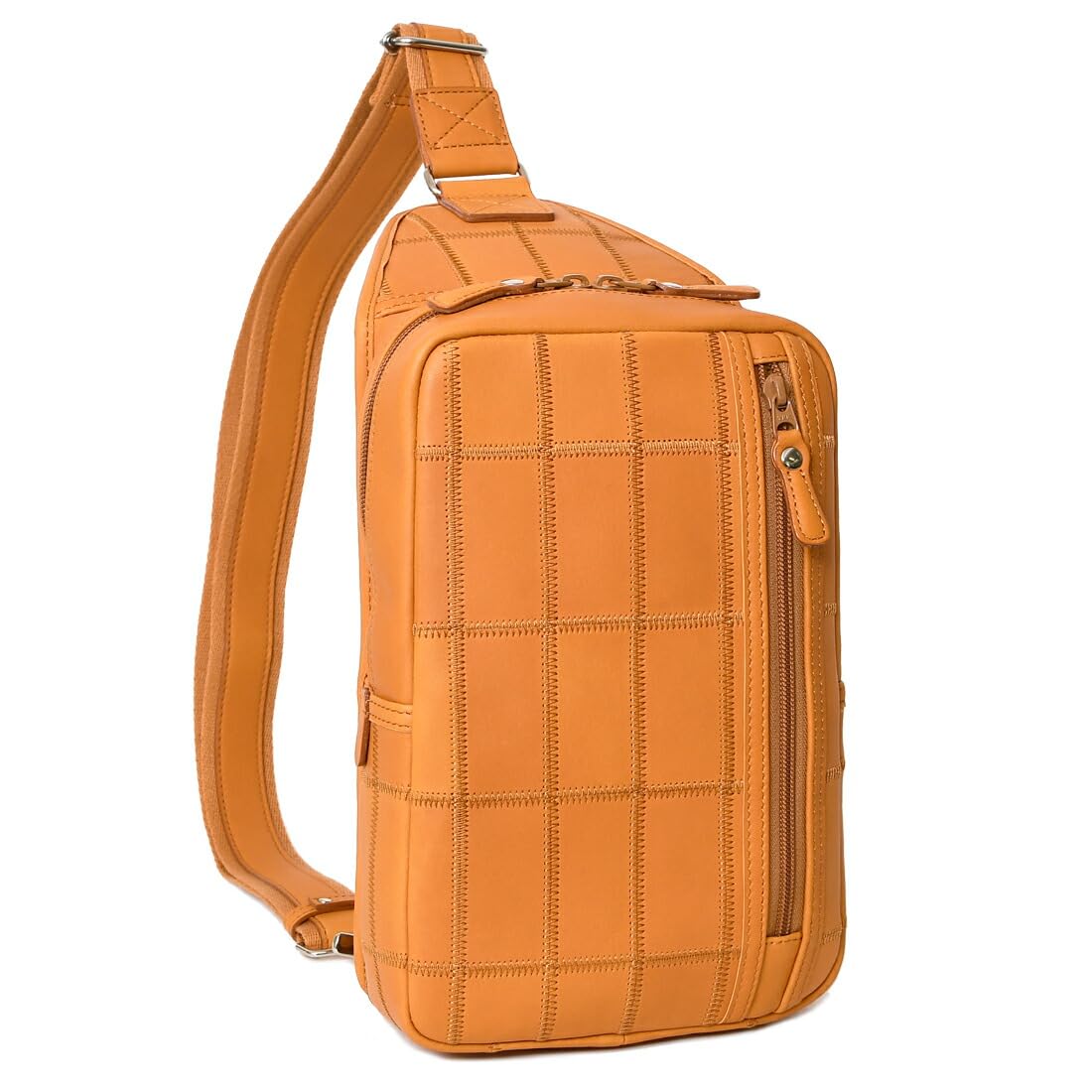 

DPC270 Body Bag Crossbody Double Zipper Closure Front Pocket Panel Leather Patchwork Tan [Tryon] Men s
