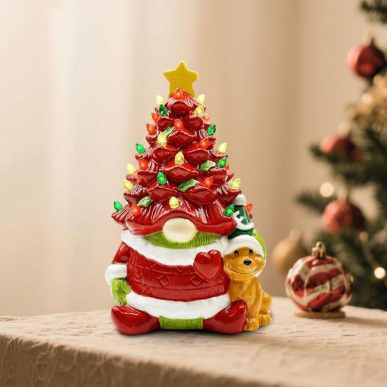 Yousheng 10 Inch Lighted Christmas Gnome Tree Resin Reindeer/Santa Dog Gnome Tree with LED Light for Home Office Fireplace Mantel Tabletop Decor