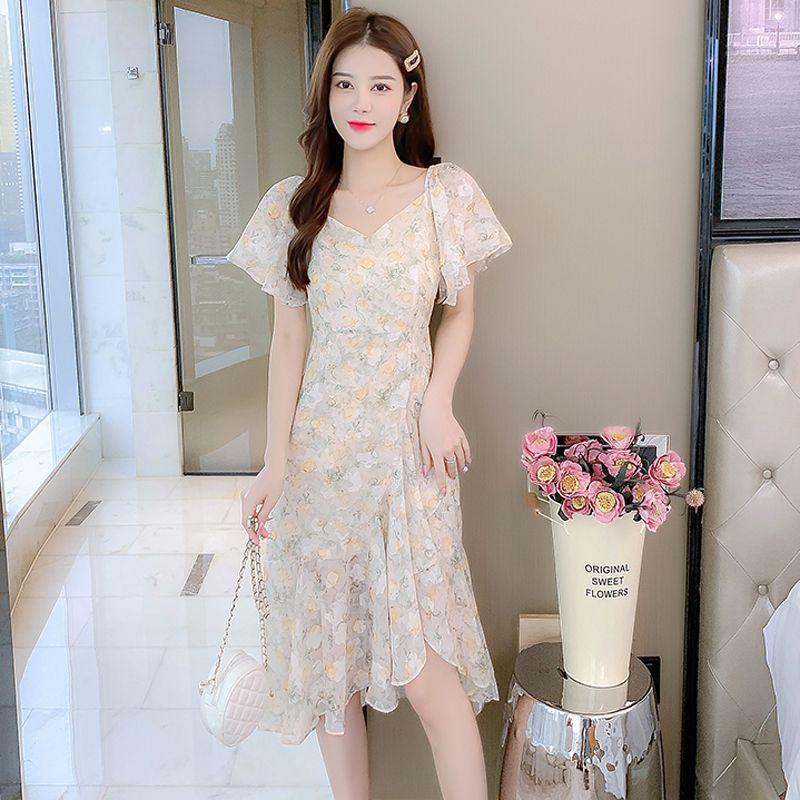 Women s Chic Floral Chiffon Dress - 2026 Trendy Waist-Cinched Fairy First Love Style Small
