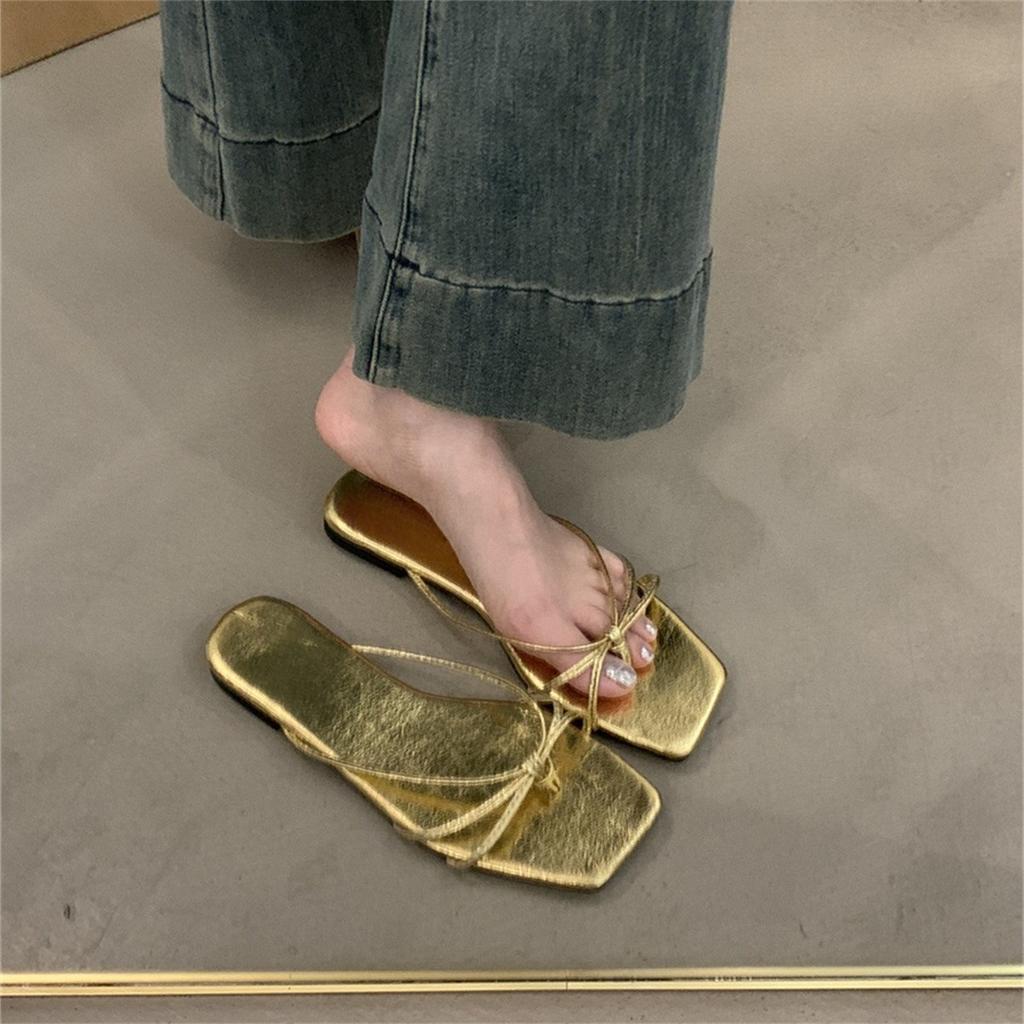 Spring 2025 new flat-bottomed cool slippers square head fairy style with skirt strap cover toe silver sandals women's shoes