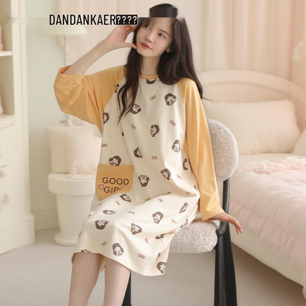 Damen Süßer Stil Langarm Mittellang Baumwoll-Nachthemd für Herbst