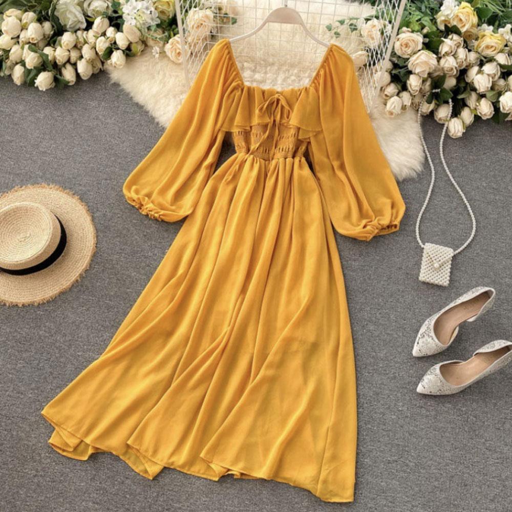 

Весенняя женская шифоновая юбка с квадратным вырезом и пышными рукавами во французском ретро-стиле L