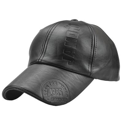White Fang Baseball Leather and PU Casual Design with English Letters and Embossed CZ566 Men's Cap, Leather, Logo, Design, (Black)