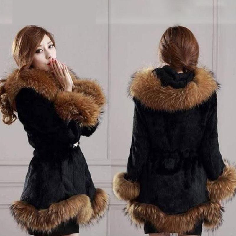Fluffy Coat Autumn and Winter Faux Fur Coat Women Mid-length Warm Hooded Coat with Faux Fox Fur Collar Plus Size