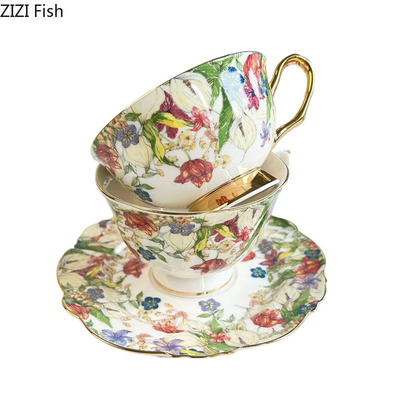 Brilliant Flowers Pattern Ceramic Cup&saucer Gold-plated Coffee Mug Dining Table Milk Mugs Afternoon Tea Teacup Fruits Juice Cup